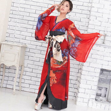 シフォンパネル柄ロング着物ドレス キャバドレス 女性用 透け感 バックVネック カラフル 衣装 ダンス よさこい 花魁 コスプレ