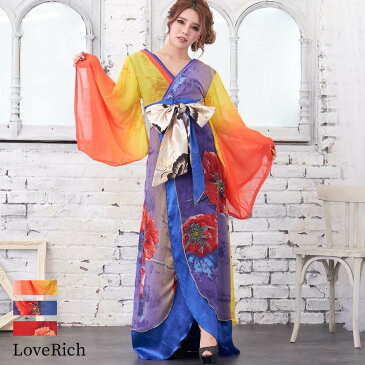 シフォンパネル柄ロング着物ドレス キャバドレス 女性用 透け感 バックVネック カラフル 衣装 ダンス よさこい 花魁 コスプレ