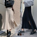 ニットスカート レディース 春秋冬 プリーツ ロング スリット Aライン ポリエステル