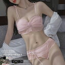 ブラショーツセット レディース 春夏秋冬 3/4カップ 胸元リボン ノンワイヤー ナイロン 透けショーツ 美胸 黒