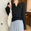 ニットトップス レディース 秋冬 長袖 Vネック セーター インナー ポリエステル リブ 無地 薄手 女性らしい 大人っぽい 黒