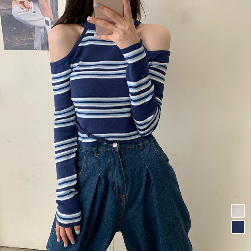 ニットトップス レディース 秋冬 長袖 丸首 肩開き インナー ポリエステル ボーダー柄 セクシー 女性らしい 大人 白