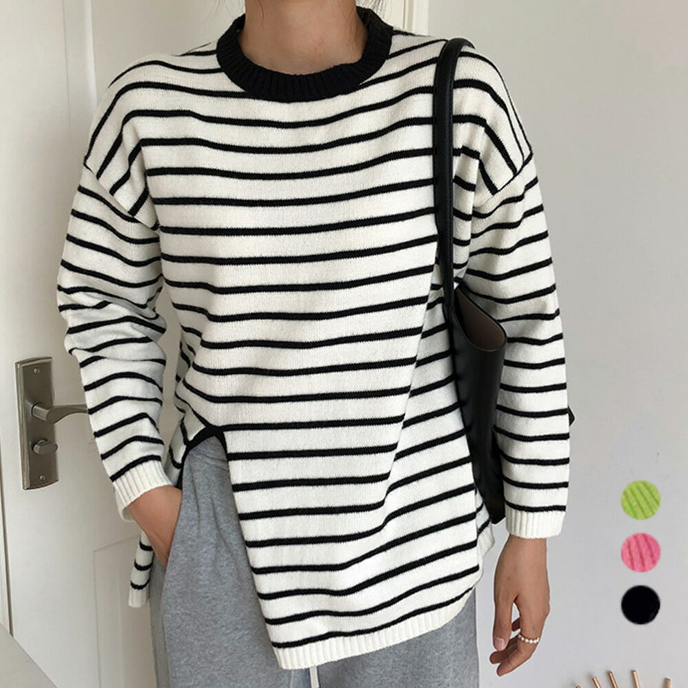 ニットトップス レディース 秋冬 長袖 ロング丈 丸首 前深めスリット ドロショル ポリエステル 配色切替 ボーダー柄 黒