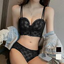 ブラショーツセット レディース 春夏秋冬 3/4カップ ダブルストラップ 補助ストラップ付き ナイロン 花柄刺繍 2way 黒