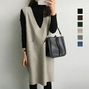 ワンピース レディース 春夏秋 膝丈 袖なし 深めVネック ポケット 少しフレア ベストワンピース ポリエステル 大人女性 黒