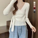 ニットトップス レディース 春秋冬 長袖 Vネック 結びリボン カシュクール タイトめ ポリエステル リブ 女性らしい 黒