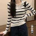 ニットトップス レディース 春秋冬 長袖 ハーフジップ ハイネックとVネック 重ね着風 ポリエステル ボーダー柄 大人 黒