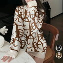 ニットトップス レディース 秋冬 長袖 ロング丈 丸首 ドロショル ポリエステル モノグラム柄 総柄 個性的 大人女性 黒