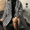 ジャケット レディース 秋冬 長め丈 中綿入り 前ボタン ポケット テーラードジャケット ポリエステル 千鳥格子柄 白と黒
