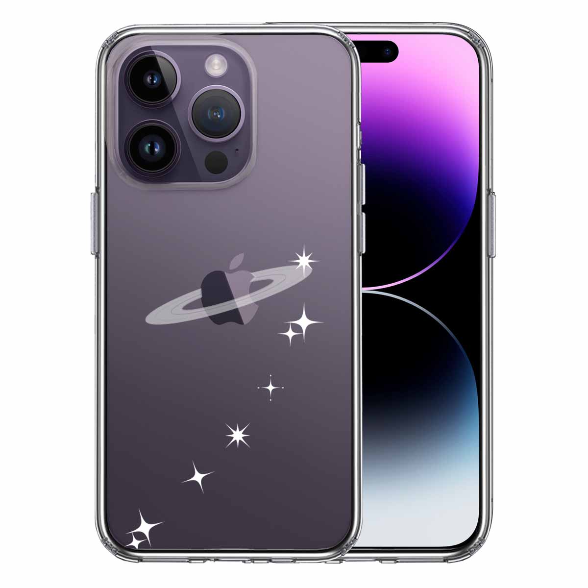 スマホケース メンズ レディース iPhone14 Pro対応 TPU 側面ソフト 背面ハード Appleロゴと土星 星 クリアケース アイフォン アイホン カバー 透明 アイフォン アイホン カバー 透明 スマフォケース