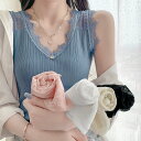 キャミソール レディース 春夏 袖なし Vネック 長め丈 インナー ニットトップス レーヨン リブ 透けバックレース セクシー 白
