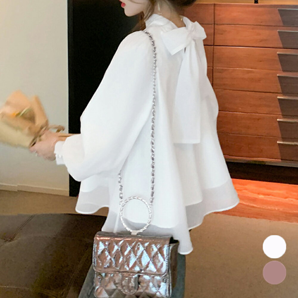 ブラウス レディース 春夏秋 長袖 長め丈 大きめリボン パフスリーブ ハイネック フレア ポリエステル シフォン 前後2way 可愛い 白のサムネイル