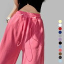 スウェットパンツ レディース 春夏秋 ロング丈 ワイド ウエストゴムと紐 絞れる裾 ポケット ポリエステル シンプル 大人 楽ちん 黒