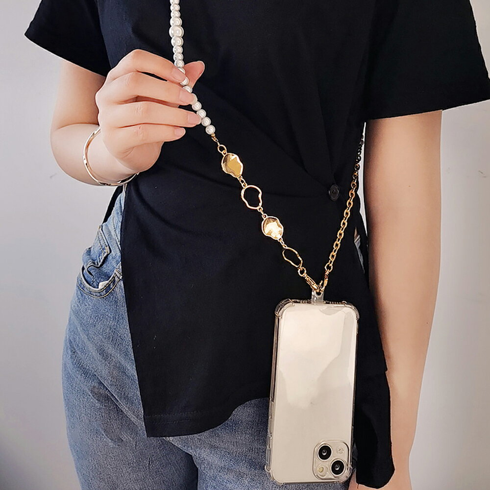 スマホショルダーストラップ レディース 春夏秋冬 歪んだ形モチーフ クリアホルダー付き フェイクパールストラップ 合金 全機種対応 金