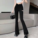 パンツ レディース 春夏秋 ロング丈 裾フレア ウエストクロス スキニーパンツ タイト ダメージ加工 ポリエステル 無地 シンプル 大人 黒