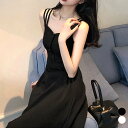 キャミワンピース レディース 春夏 膝丈 3本ストラップ ハイウエスト タック入り 胸元ボタン フレア Aライン ポリエステル 上品 大人 黒