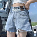 デニムパンツ レディース 春夏秋 ショート丈 ウエストダブルボタン ワイド カットオフ ダメージ加工 ポケット付き 綿 カジュアル 大人 黒