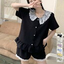 セットアップ レディース 春夏秋 半袖トップス 前ボタン フリル襟 裾フリル ショートパンツ 部屋着 ポリエステル レース 大人可愛い 黒