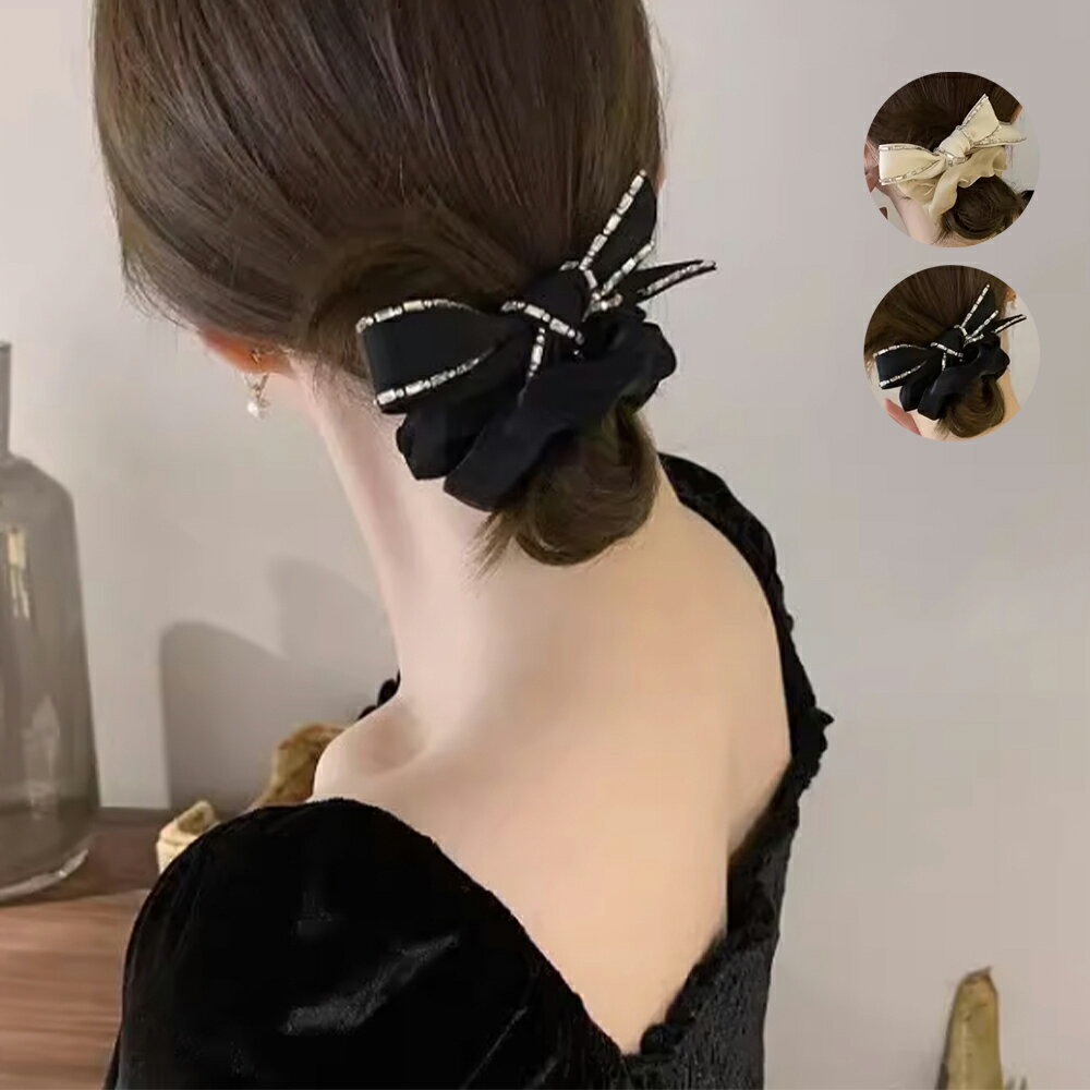 シュシュ レディース 春夏秋冬 リボン 蝶結び ヘアゴム 髪留め ヘアアクセ ラインストーン ポリエステル キラキラ 上品 女性らしい 黒のサムネイル