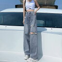デニムパンツ レディース 春夏秋冬 ロング丈 セミワイド ストレート ダメージ加工入り ハイウエスト ポケット 綿 カジュアル 大人女性 青