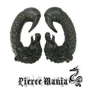 《在庫限り》13mm 豪華絢爛!バリ風ドラゴンピアス 天然ウッド フックピアス★ボディピアス 木製ピアス 天然素材 イヤーロブ タロン