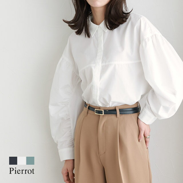 【アウトレット】【返品不可】袖シャーリングシャツ ☆ シャツ ブラウス シャーリング 襟付き オフィス 体型カバー レディース Pierrot ピエロ