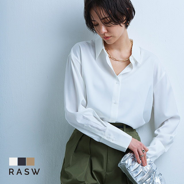 ≪FAIR!!≫≪あす楽≫【送料無料】[RASW] サテンベーシックシャツ ☆ シャツ サテン ロングカフス シンプル ラウンドカット フェミニン オフィス ピエロ kon2025