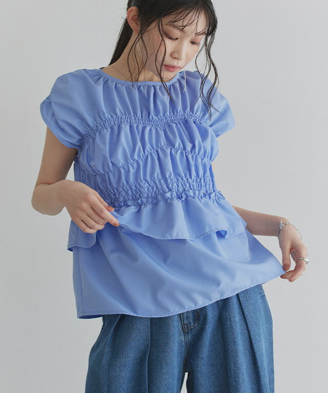 【最新作！送料無料】[ECLAM] シャーリングデザインブラウス ☆ ブラウス シャーリングデザイン バックリボン フレンチスリーブ 綿混素材 ECLAM クラム ECLAM【Pierrot】 ピエロのサムネイル