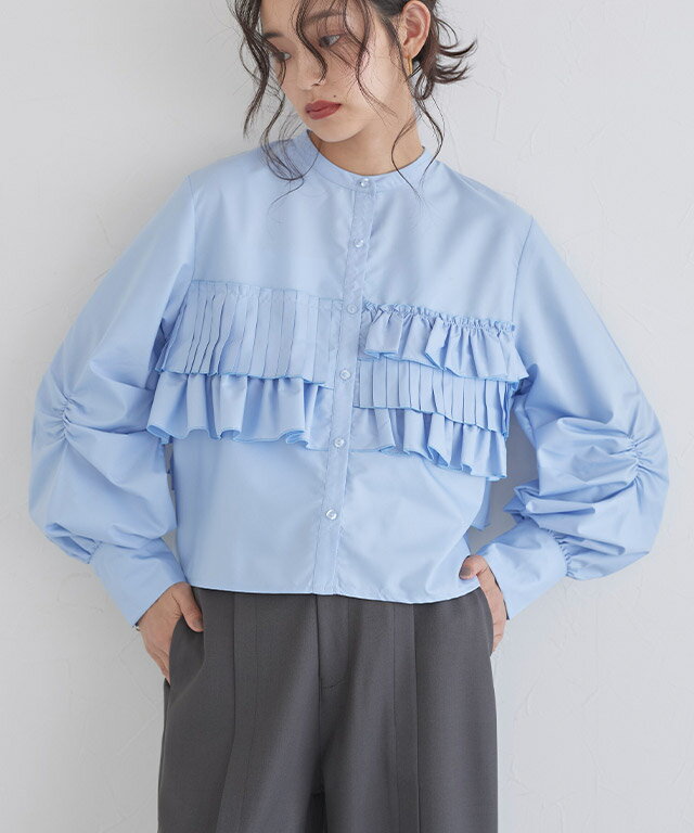[ECLAM] 【送料無料】 プリーツフリルブラウス ☆ ブラウス プリーツ フリル フェミニン 華やか クロップド丈 カジュアル 綿混 シワになりにくい クラム ECLAMのサムネイル
