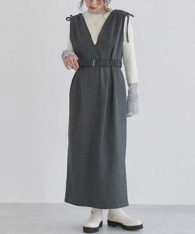 1,000円OFFクーポン★【送料無料】[ECLAM] ベルト付きヘリンボーンジャンパースカート ☆ ジャンパースカート ジャンスカ ベルト付き ヘリンボーン ウエストマーク Vネック すっきり 抜け感 スリット 高見え クラム ECLAM ピエロ