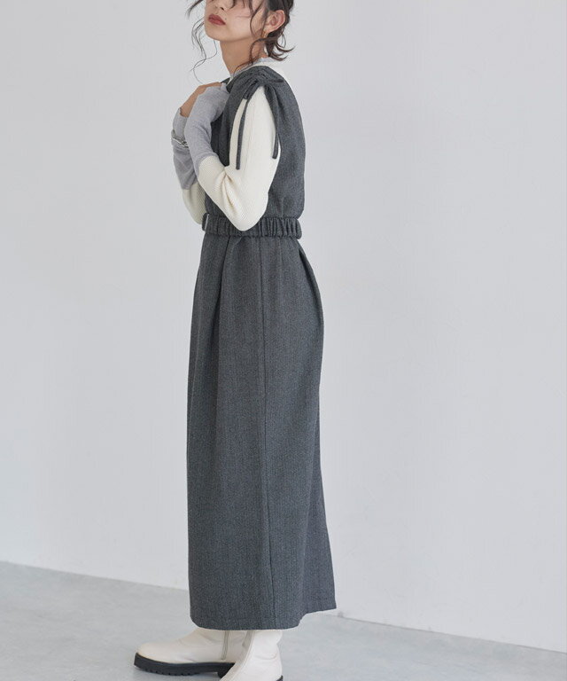 1,000円OFFクーポン★【送料無料】[ECLAM] ベルト付きヘリンボーンジャンパースカート ☆ ジャンパースカート ジャンスカ ベルト付き ヘリンボーン ウエストマーク Vネック すっきり 抜け感 スリット 高見え クラム ECLAM ピエロ