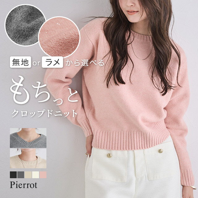 【予約】【最新作！】ネックが選べる無地ラメクロップド丈ニット ☆ ニット ラメ クルーネック Vネック クロップド丈 華やか 無地 シンプル ピエロ 【10月中旬頃より順次発送】