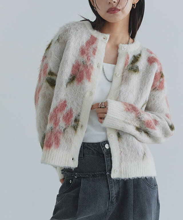 全品20%OFFクーポン！≪限定特価≫≪当日発送≫[ECLAM] 2way花柄シャギーニットカーディガン ☆ カーディガン ニット 花柄 シャギー カーデ 2way 華やか フラワー 着映え 羽織り クラム ECLAM ピエロ 送料無料のサムネイル