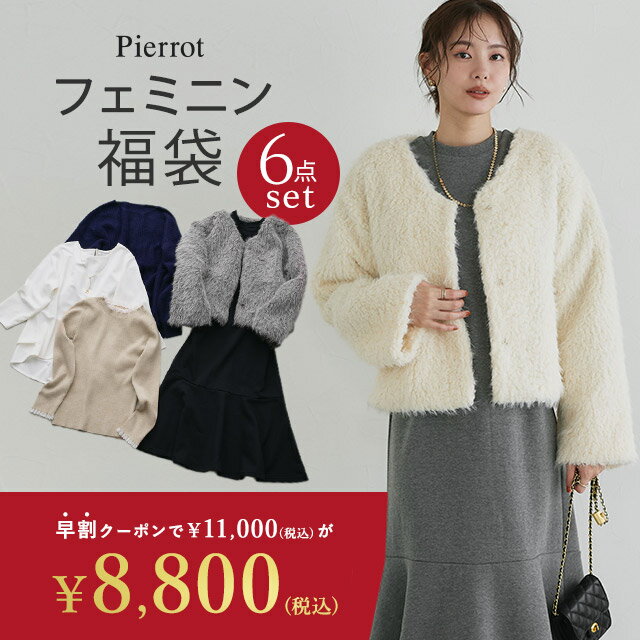 【11/20発売★福袋クーポンで20%OFF】 2026年福袋 HAPPY BAG 6点セット フェミニン ☆ コート ニット ブラウス 裏起毛 ワンピース シャギー ボア レース クルーネック ウォッシャブル ネックレス 限定 レディース ピエロ 送料無料 【12月上旬頃より順次発送】
