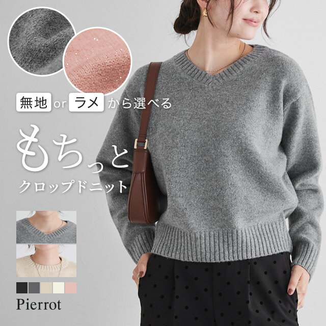 全品20%OFFクーポン！ネックが選べる無地ラメクロップド丈ニット ☆ ニット ラメ クルーネック Vネック クロップド丈 華やか 無地 シンプル ピエロのサムネイル