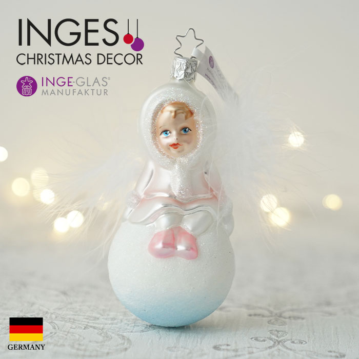 10095S017 ドイツINGE-GLAS MANUFAKTUR（インゲ・グラス）雪だるまに乗った少女 12.5cm ハンドメイドオーナメント Made in Germany 職人の手作り ヨーロッパ直輸入 クリスマス ピカキュウホーム ピカキュウhome