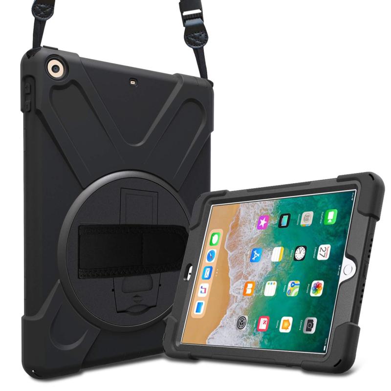 ProCase iPad 9.7"(旧型） 保護ケース 耐衝撃 バンパーケース 360°回転 スタンド機能 調節可能なショルダーストラップ 適用機種： iPad 9.7" 6世代 2018/ 5世代 2017 - ブラック