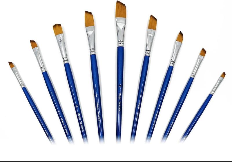 ARTIST PAINT BRUSHES - A - Professional Quality Black Tip, Golden Nylon, Long Handle, Angular Paint Brush Set - Ideal for Acrylic Painting and Oil Painting, and Equally Useful for Watercolor Painting and Gouache Color Painting. - The Natural Characteristi