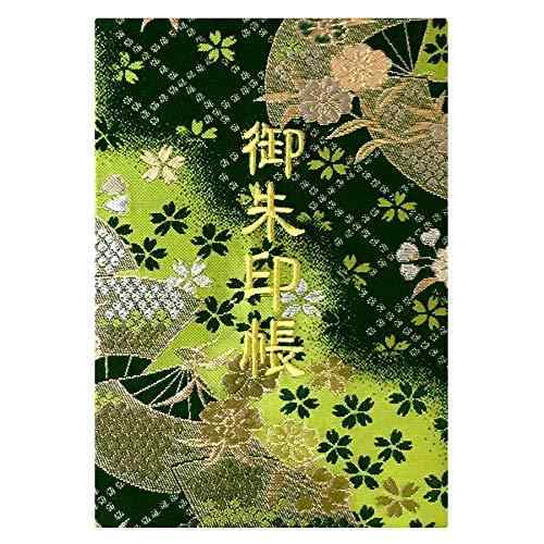 千糸繍院 御朱印帳M【鶯扇桜】西陣織 金襴装丁/刺繍文字 蛇腹式48ページ 中判(金色刺繍文字／白色本文)