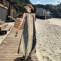 リゾート ワンピース レディース 夏 ビーチ 旅行 写真撮影 衣装 着用 女性 レトロ ストライプ プリント ホルターネック バックレス ドレス