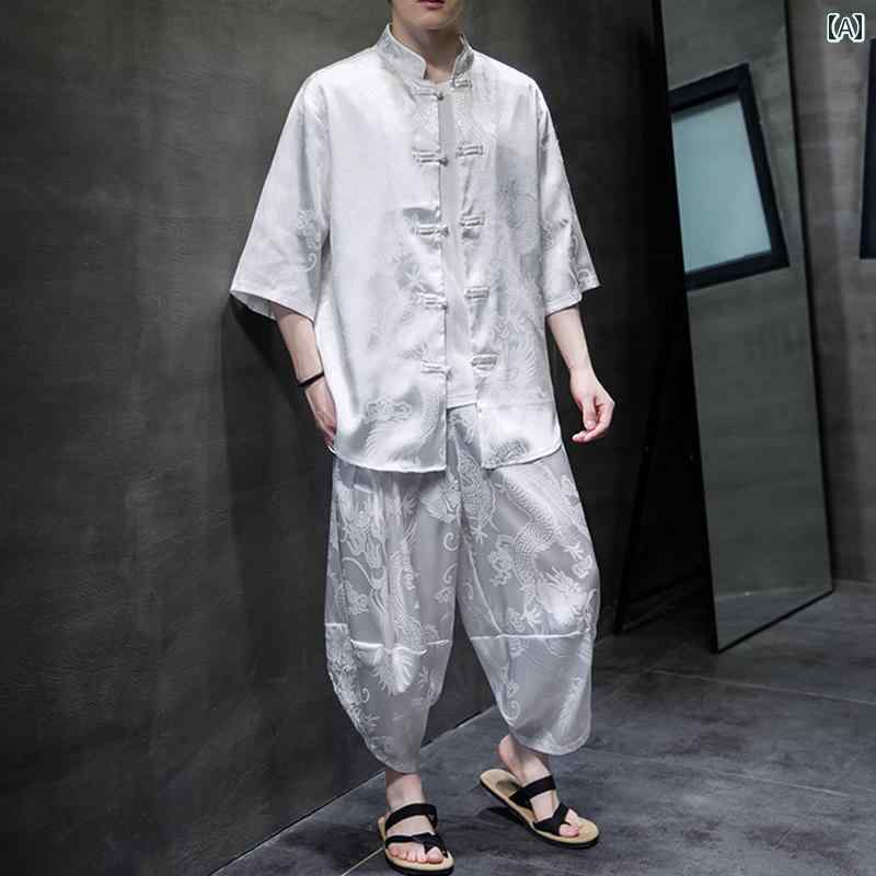 セットアップ メンズ 中華風 夏超 薄型 冷感 半袖 シャツ スーツ レトロ バックル 大きいサイズ クロップド 2点 セット