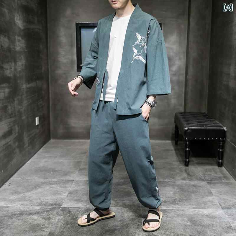 セットアップ メンズ 中華風 春夏 刺繍 七分袖 シャツ スーツ レトロカーディガン 道教 ローブゆったり 大きいサイズ 二点 セット