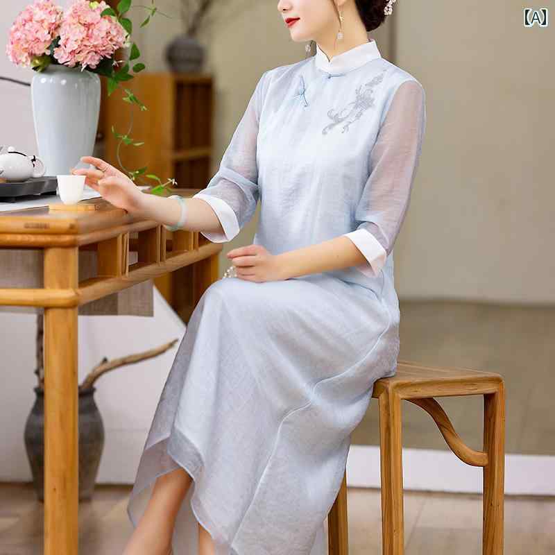 チャイナ ドレス 民族衣装 版 民族風 刺繍 プレート バックル 中華風 女性 中華風 スリム 瞑想 茶 ドレス 女性 夏