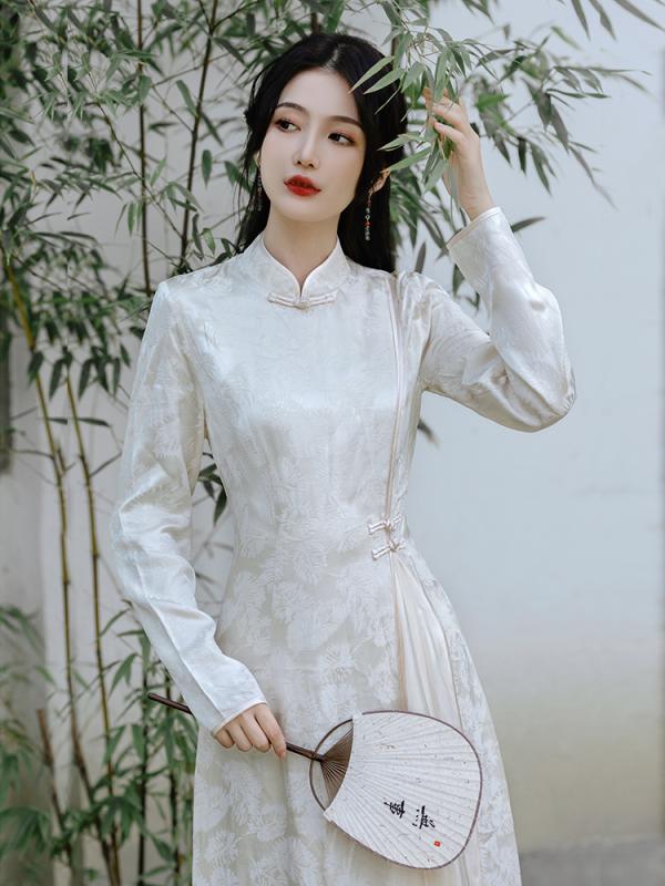 チャイナ ドレス レディース 美しい エレガント 中華風 ワンピース フェザー ジャカード 長袖