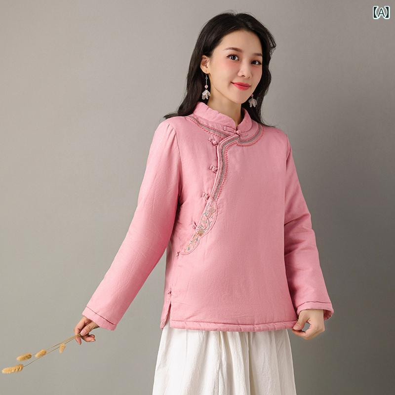 レディース トップス エキゾチック 中華風 女性 冬 中国 ボタン 瞑想 茶 スーツ 刺繍 綿 コート ジャケット 唐装 茶 アーティスト 服
