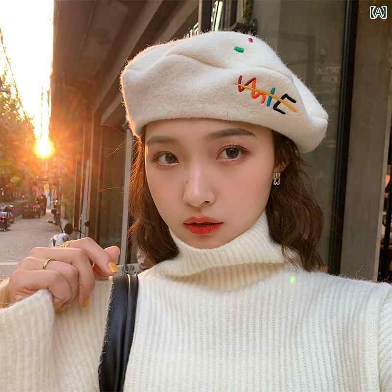 ベレー 帽 秋冬 女性 オフ ホワイト ウール 韓国 汎用性高 さ 和風 甘くて かわいい 刺繍入り ペター ハット す