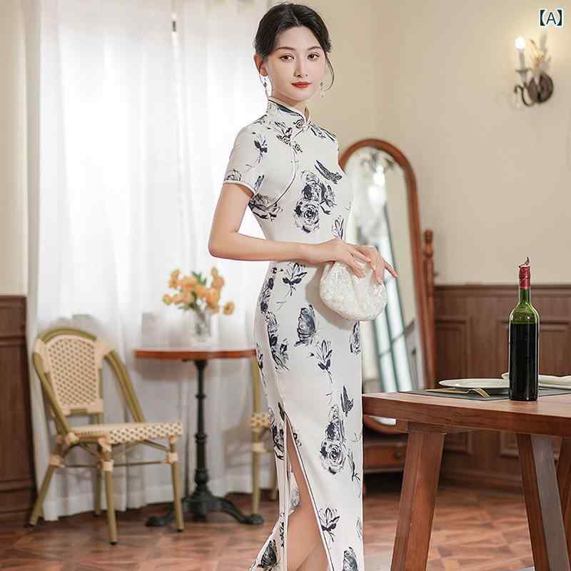 チャイナ ドレス かわいい 中国 春夏 ロング スカート 女性 サテンドレス 大きいサイズ スリム ファッション パーティー バッチ