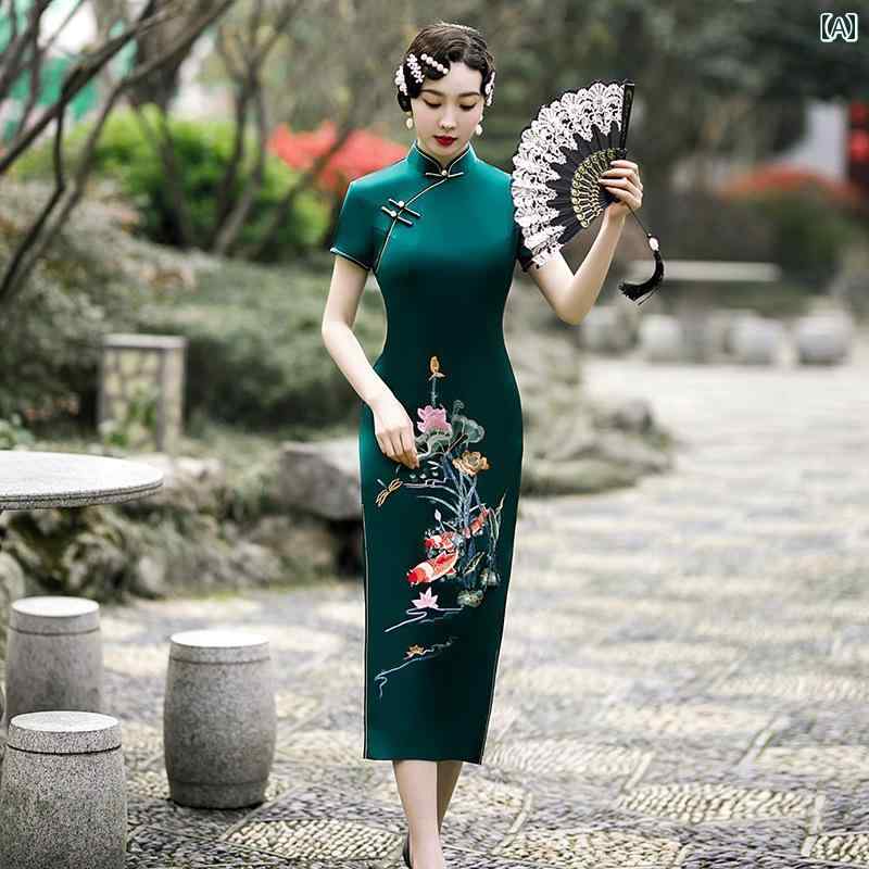 チャイナ ドレス エレガント ハイエンド 女性 中華風 刺繍 アセテート ロング スリム 威厳 ドレス