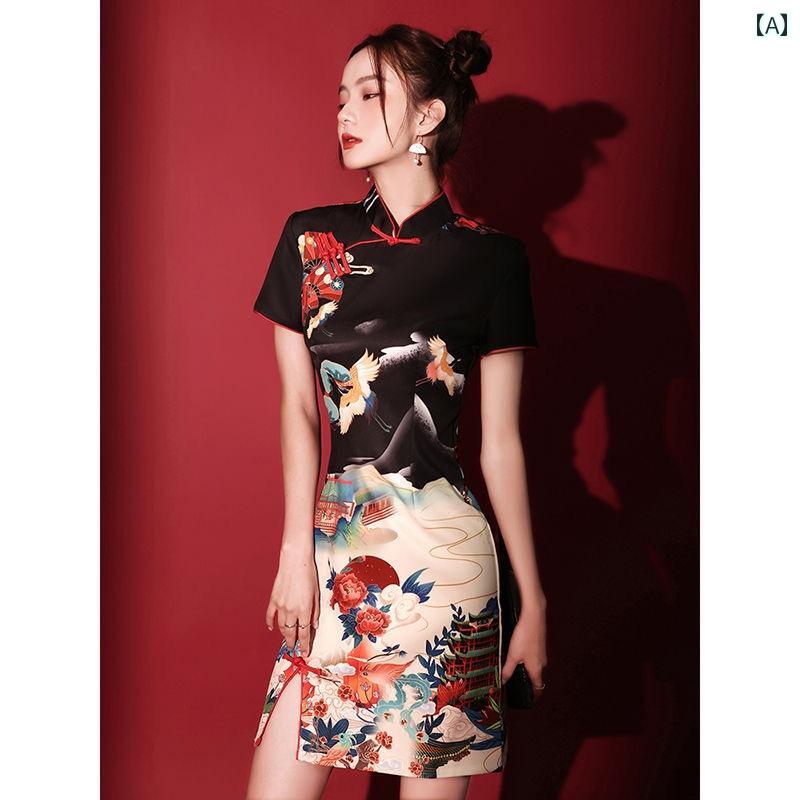 チャイナ ドレス かわいい 中国 ホット ストリート 若い 女子 レトロ 中華風 ドレス 黒 ショート