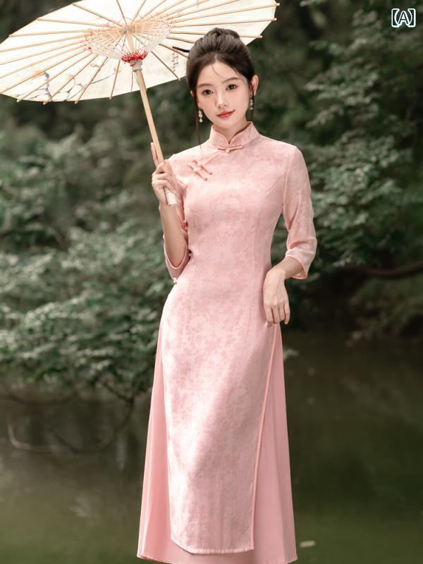 チャイナ ドレス 美しい 清潔感 ピンク テンセル ジャカード 秋冬 中華風 少女 アオザイ ドレス 茶師服